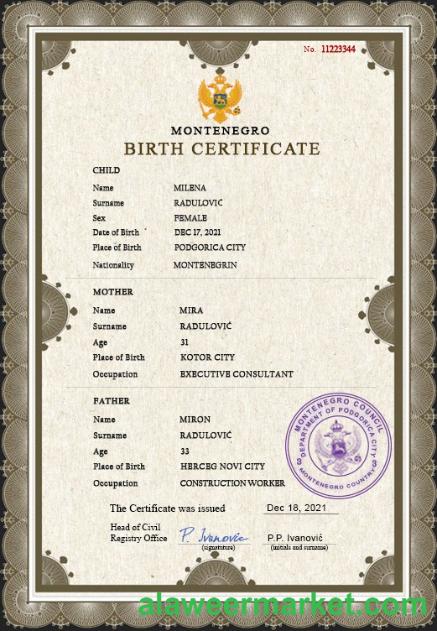 Montenegro vital record birth certificate PSD template